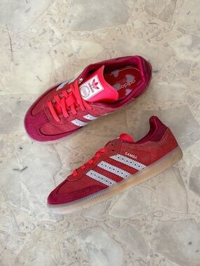 adidas Kids Samba Sneakers in Red with White Stripes Valentines Day